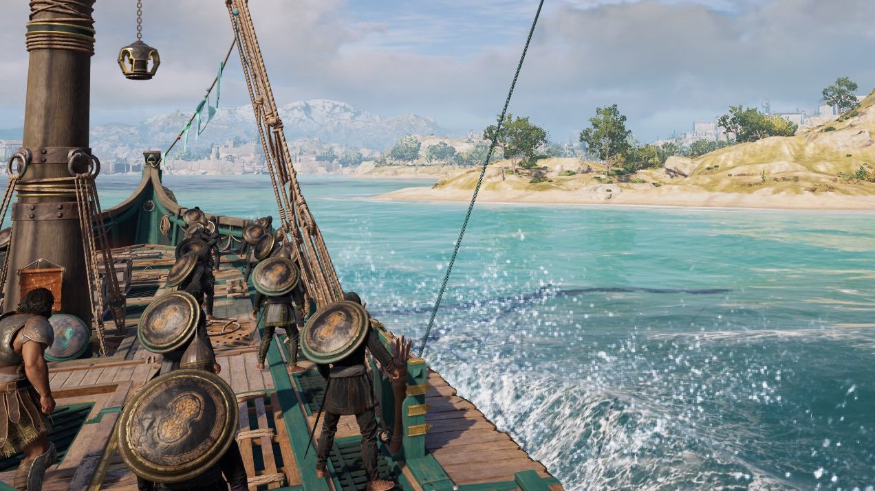 A trireme on the left, rounding the Cape of Sounion with Athens in the distance. 