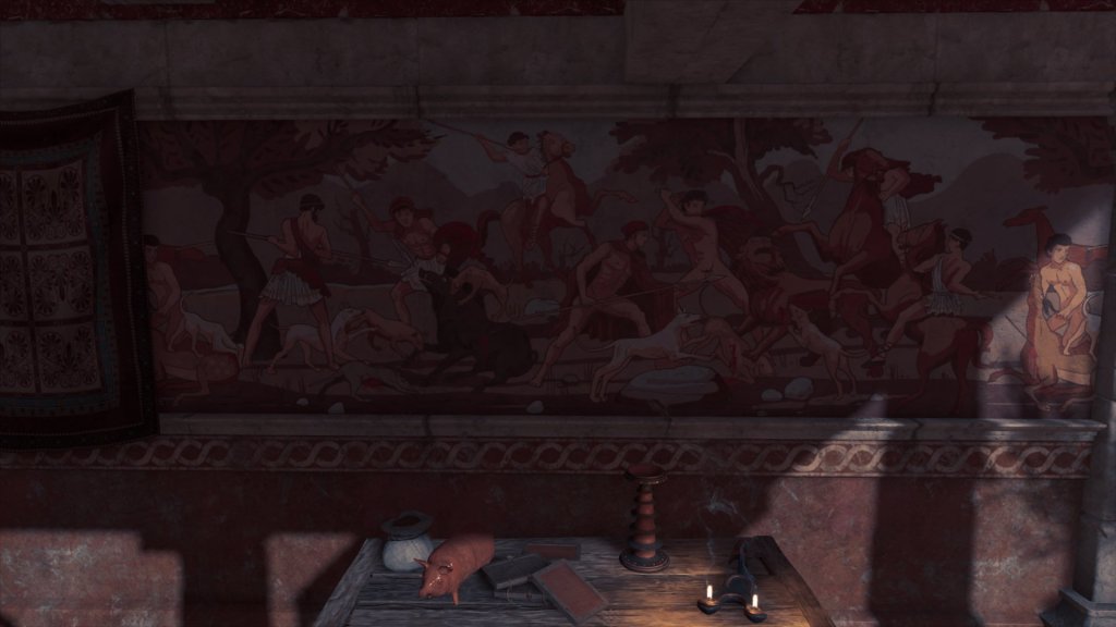 A painted fresco with numerous partly clothed men with spears engaged in hunting. Some ride horses, most have dogs with them. They are hunting a boar and a lion, and have already slain a deer. 